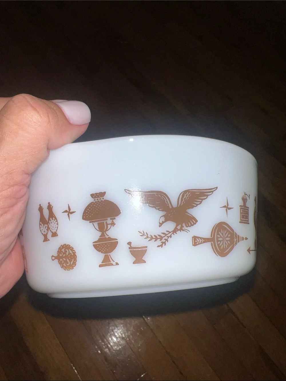 Pyrex Vintage New White Glass Mixing Bowl with Brown Farmhouse Motif